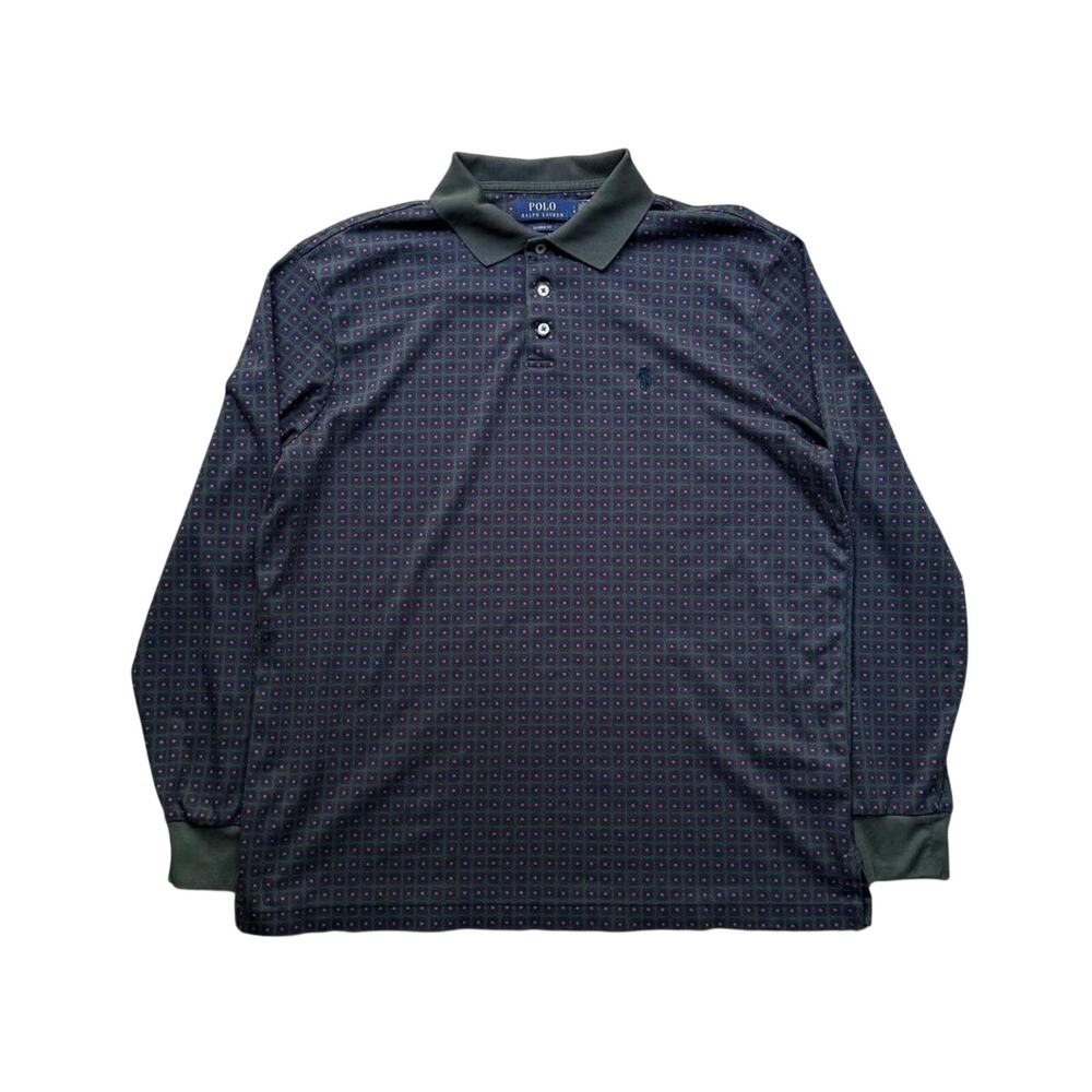 Polo Ralph Lauren Navy Grid Men's L Long Sleeve Performance Polo